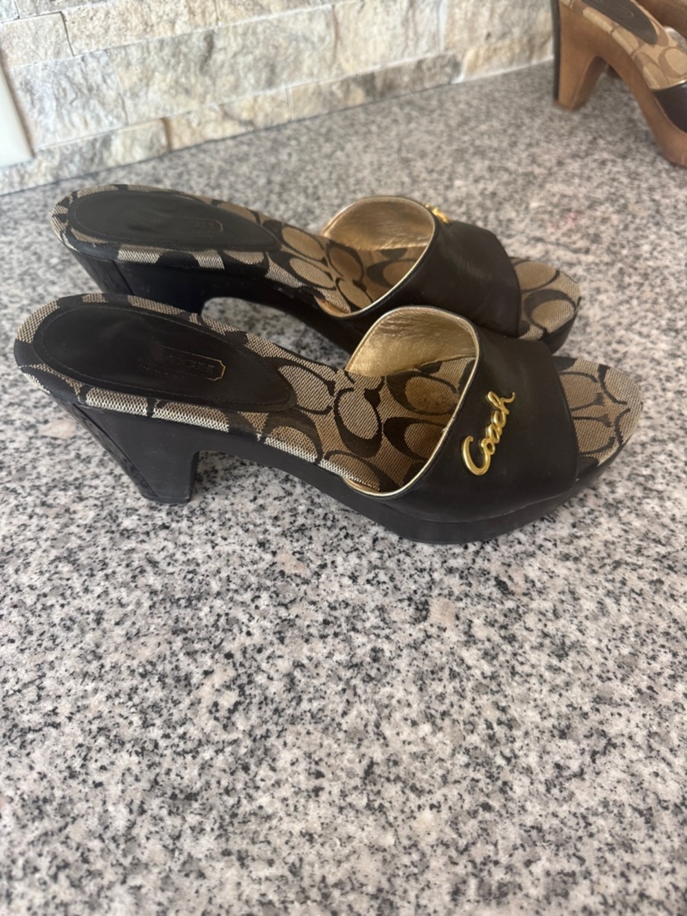 Coach Black Leather & Tan Signature Canvas Open-Toe Heeled Mules - Picture 2 of 7